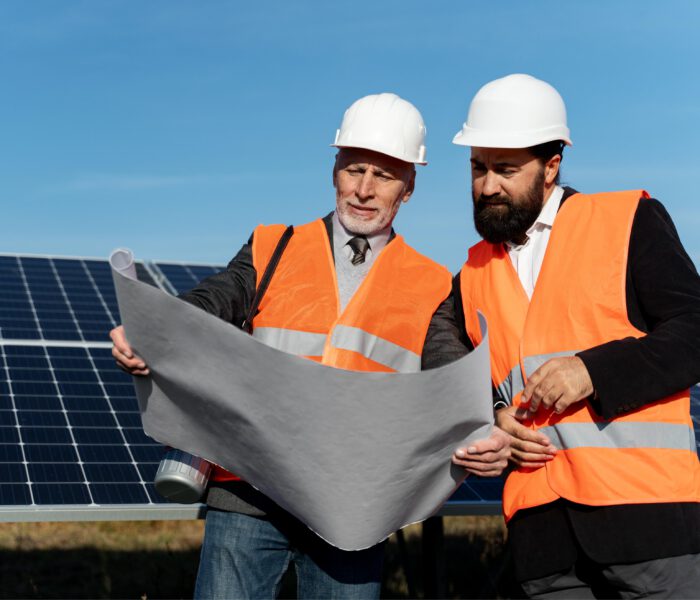 Solar installation professionals reviewing site plans beside solar panels