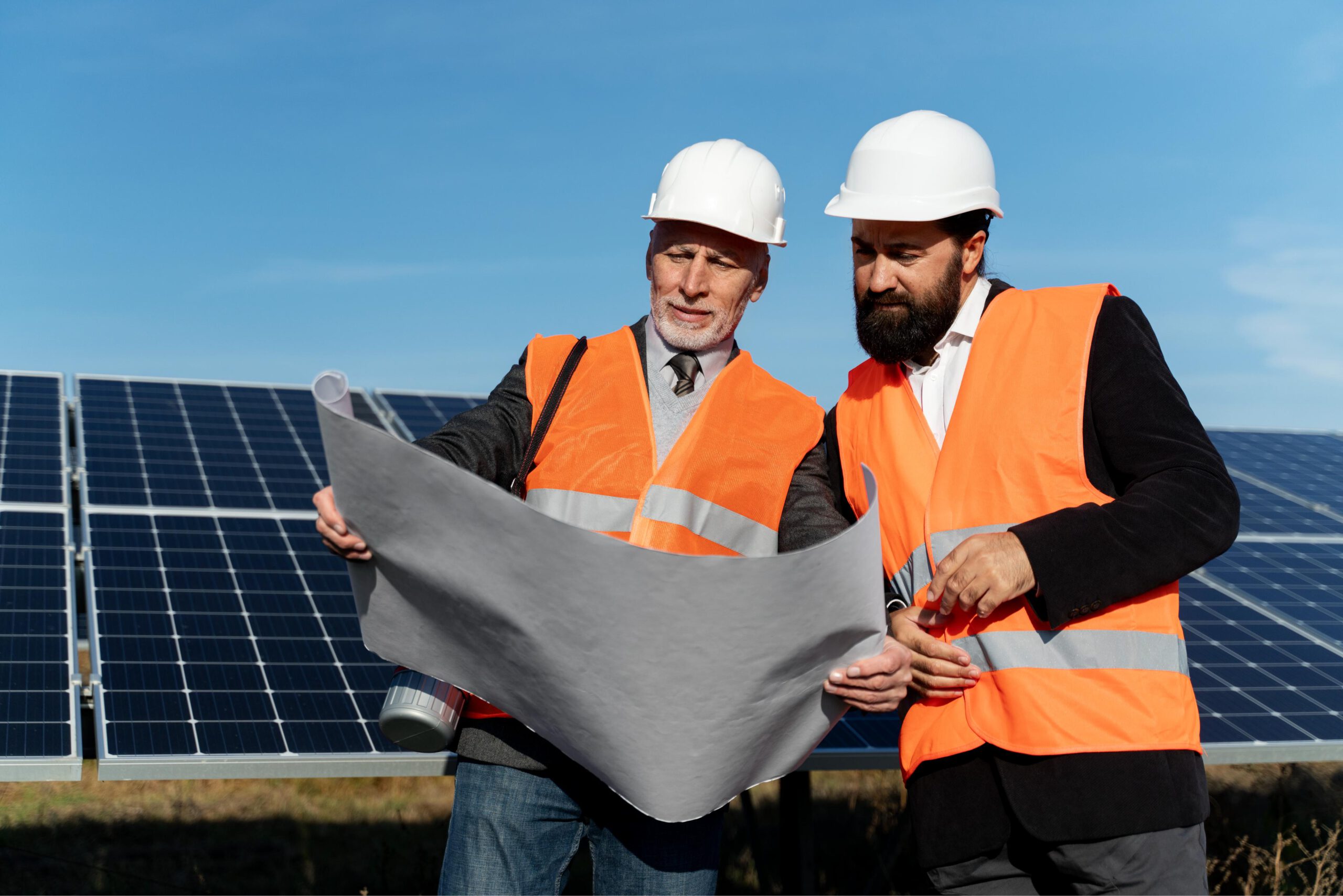 Solar Installation in Kerala: What Should Be Included in a Professional Site Survey? 2 Solar installation professionals reviewing site plans beside solar panels