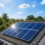 Close-up of rooftop solar panels installed on a home with palm trees in the background