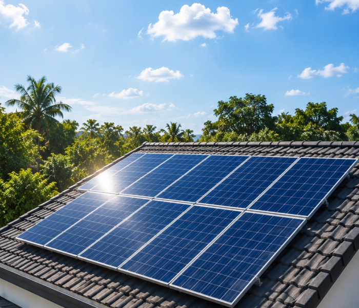 Close-up of rooftop solar panels installed on a home with palm trees in the background