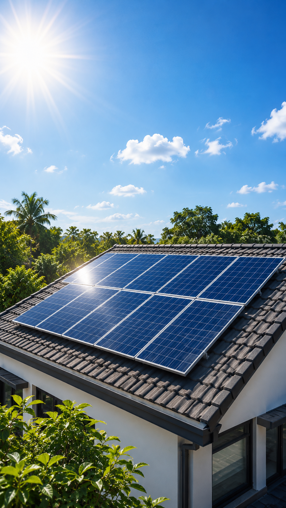 Solar Site Survey in Kozhikode: What Should Be Checked Before Installation 2 Close-up of rooftop solar panels installed on a home with palm trees in the background